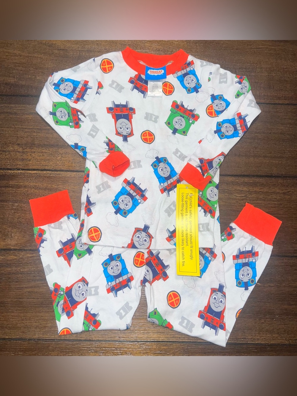 Thomas & Friends White Top & Bottom Pajamas with Blue, Red & Green Engines